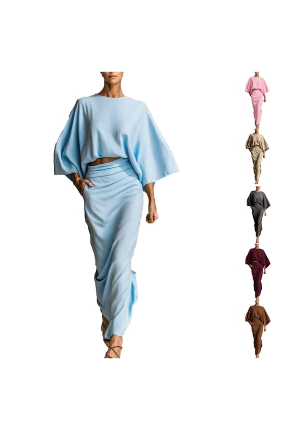 Plus Size Dress,Dresses for Women,Dolman Sleeve High Waist Maxi Skirt Set Solid Color Coordinated Coffee