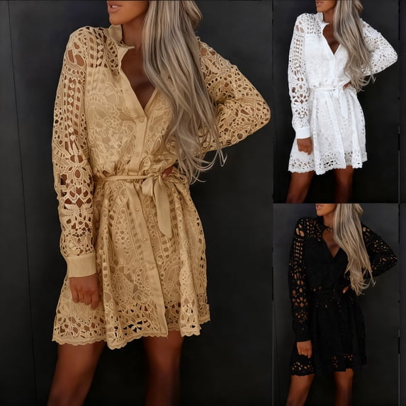THDHVS Plus Size Dress,Dresses for Women,Long Sleeve Lace Dress with Tie Back and Built In Lining Khaki