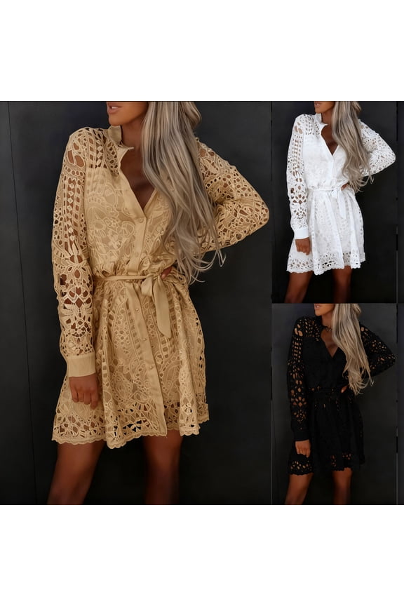 Plus Size Dress,Dresses for Women,Long Sleeve Lace Dress with Tie Back and Built In Lining White