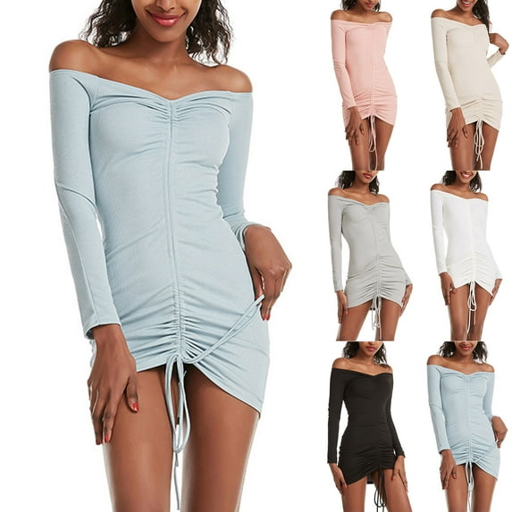 THDHVS Plus Size Dress,Dresses for Women,Off Shoulder Bodycon Mini Dress Long Sleeve with Drawstring and Ruching Light Blue