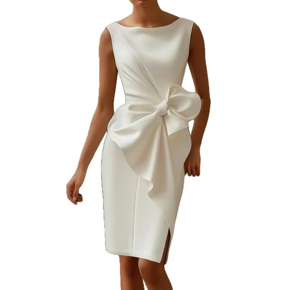 THDHVS Plus Size Dresses for Curvy Women,Womens Dresses,Fashion Solid Color Round Neck Slim Fits Dress Elegant Party Formal Dress with Bow Belt White M