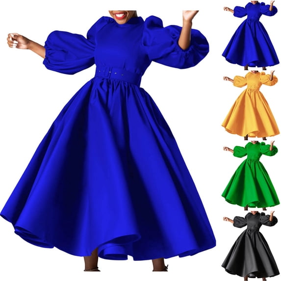 THDHVS Plus Size Dresses,Dresses for Women,Fashion Solid Floral Print Long Sleeve Dress with Puff Sleeve and Full Skirt Black