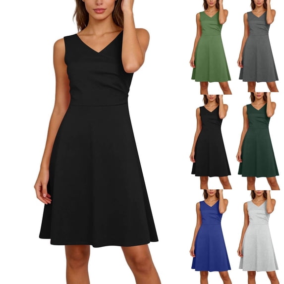 THDHVS Plus Size Dresses,Dresses for Women,Solid Color Sleeveless A Line Dress with Cross V Neck and Waist Defining Gray