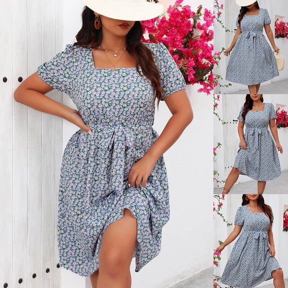 THDHVS Plus Size Dresses for Curvy Women,Womens Dresses,Ladies' Loose Casual Plus Size Dress with Belt Square Collar Short Sleeve Dress Blue XL