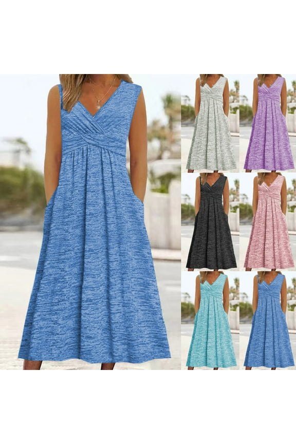 Plus Size Dresses for Curvy Women,Womens Dresses,Plus Size Fashion Women Summer Casual V-Neck Sleeveless Print Long Dress Blue XL