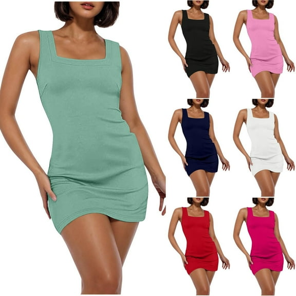 THDHVS Plus Size Dresses for Curvy Women,Womens Dresses,Summer Solid Color Square Neck Sleeveless Casual Long Tank Dress with Pockets White M