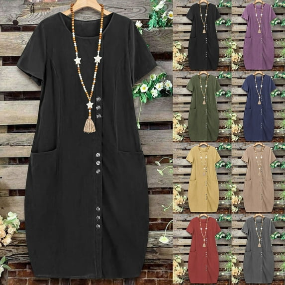 THDHVS Plus Size Dresses for Curvy Women,Womens Dresses,Women's Summer Casual Round Neck Short Sleeve Dresses with Pockets Dark Gray S
