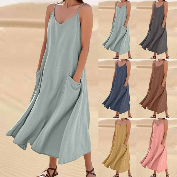 THDHVS Plus Size Dresses for Curvy Women,Womens Dresses,Women's Summer Soft Sleeveless V-Neck Solid Long Party Dress with Pockets Brown 3XL