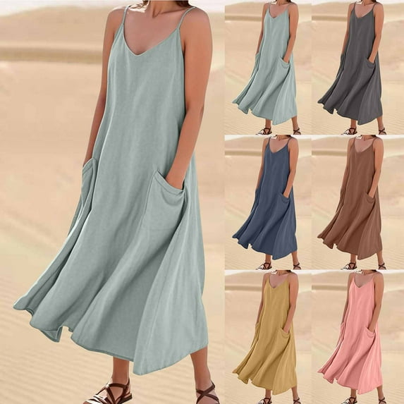 THDHVS Plus Size Dresses for Curvy Women,Womens Dresses,Women's Summer Soft Sleeveless V-Neck Solid Long Party Dress with Pockets Yellow L