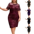 thumbnail image 1 of THDHVS Plus Size Dresses for Curvy Women,Womens Solid Color Sequin Plus Size Womens Short Sleeve Lace Dress Silver, 1 of 3