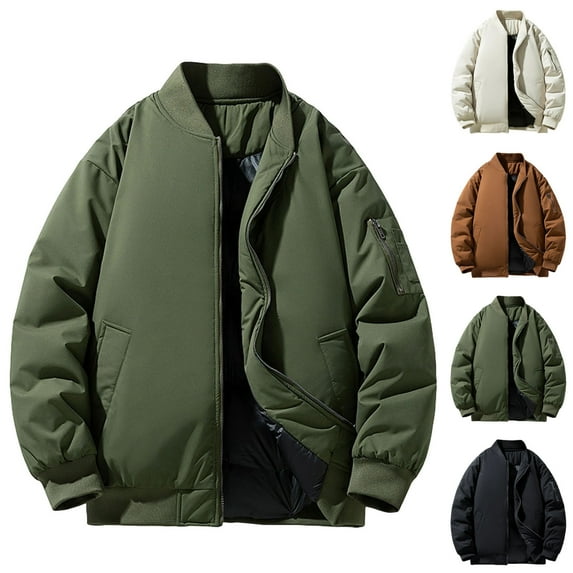 THDHVS Puffer Jacket Men,Jackets for Men,Men's Solid Color Bomber Jacket with Stand Collar Zipper and Long Sleeve Cotton Blend Coat Military Style with Modern Comfortable
