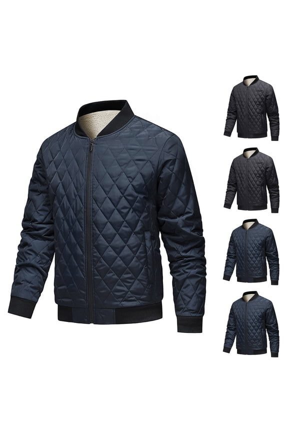 Puffer Jacket Men,winter jackets for men,Men's Solid Color Sherpa Jacket with Diamond Quilting and Stand Collar Plush Lined Coat Provides Maximum Warmth In Long Sleeve Style
