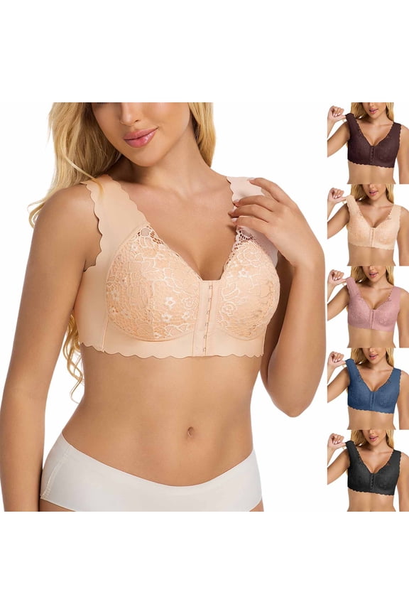 Push Up Bra,Bras for Women No Underwire,Front Hook Lace Bralette Wireless Thin Light Support Breathable Navy