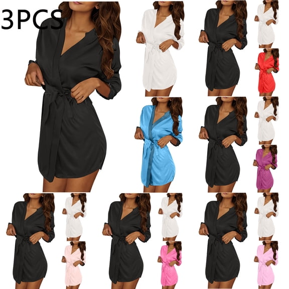 THDHVS Robes for Women,Womens Pajamas,Women 3PC Icy Silk Robe and Chemise Set with Matching Accessories for Ultimate Comfortable and Elegant Home Loungewear Purple Free Size