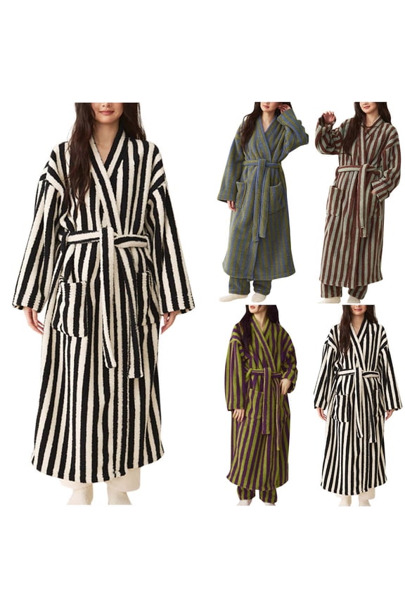 Robes for Women, Women Long Sleeve Striped Coral Fleece Robe with Pocket and Drawstring Extra Long Length for Lounging and Pajama Comfortable Black XL