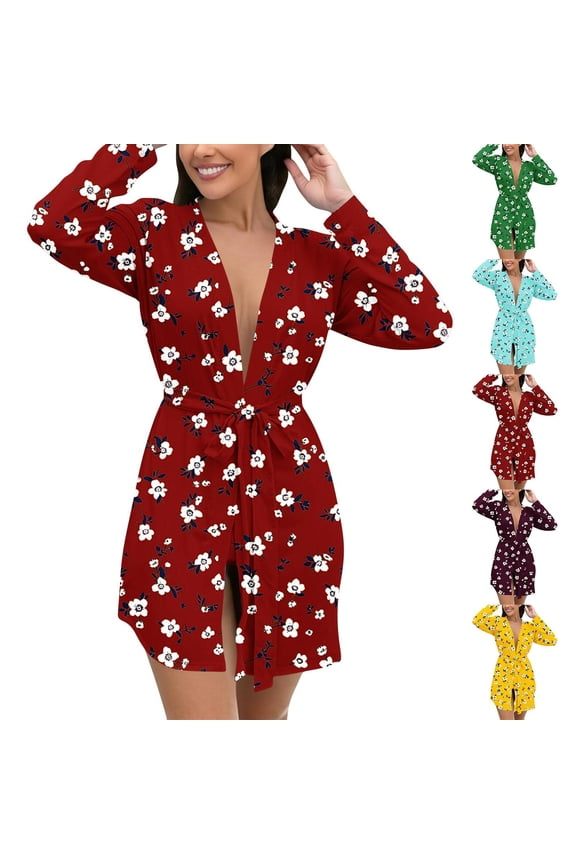 Robes for Women, Women Plus Size Milk Silk Print Robe with Tie Waist for Home Wear and Outdoor Loungewear Comfortable Morning Gown with Pajama Set Wine M