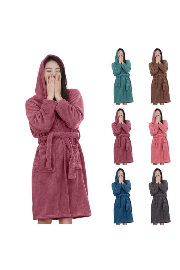 Robes for Women,Women Plush Hooded Robe with Tie Waist and Pockets Long Sleeve Bathrobe for Cozy Loungewear and Bathing Comfortable Watermelon Red Free Size
