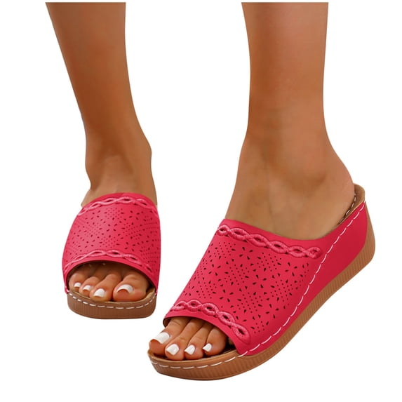 THDHVS Sandals for Women 2025,Women Sandals,Women's Fashion Casual Summer Open Toe Retro Solid Color Sandals Hollow One-Line Wedge Heel Slippers Red 7.5