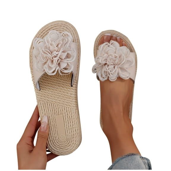 THDHVS Wide Sandals for Women,Sandals Women,Women's Fashion and Casual Summer Style Outer Wear Flat Round Head Flower Light and Comfortable Beach Sandals Beige 6.5