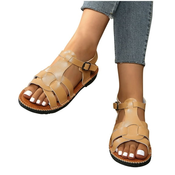 THDHVS Beach Sandals for Woman,Womens Sandals,Fashion Summer Solid Color Belt Buckle Flat Bottom Hollow Retro Outdoor Beach Sandals Khaki 6