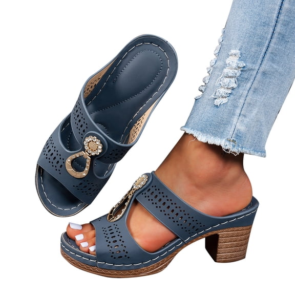 THDHVS Wedge Sandals for Women,Womens Sandals,Fashion Casual Mid Heel Beach Fish Mouth Open Toe Thick Bottom Wedge Slippers Blue 5.5