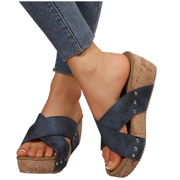 THDHVS Sandals Women,Womens Sandals Dressy,Fashion Women's Platform Sandals Wedge Open Toe Sandals Navy 9