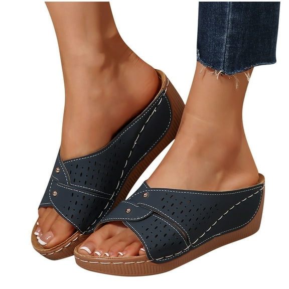 THDHVS Wedges Heels for Women,Womens Sandals,Summer Beach Comfortable Sandals with Medium Arch Support Slide Sandals Navy 5.5