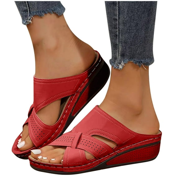 THDHVS Wedge Sandals for Women,Womens Sandals,Women's Fashion Casual Solid Color One-Foot Breathable Spring and Summer Wedge Heel Sandals Red 9