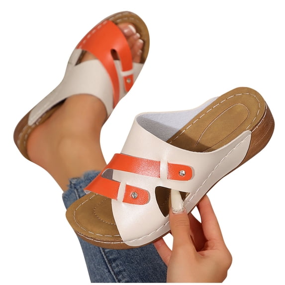 THDHVS Sandals Women,Womens Sandals Dressy,Women's Fashion Casual Summer Color Matching Roman Leisure Bow Step Shoes Wedge Heel Slippers Beige 7