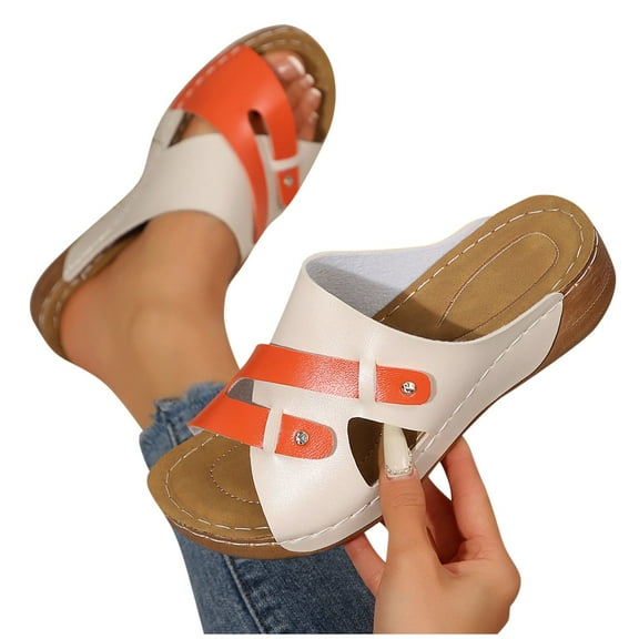 THDHVS Sandals Women,Womens Sandals Dressy,Women's Fashion Casual Summer Color Matching Roman Leisure Bow Step Shoes Wedge Heel Slippers Beige 9.5