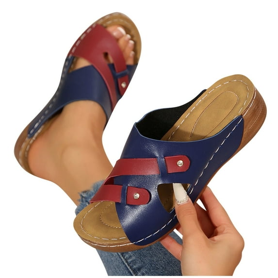 THDHVS Sandals Women,Womens Sandals Dressy,Women's Fashion Casual Summer Color Matching Roman Leisure Bow Step Shoes Wedge Heel Slippers Navy 9