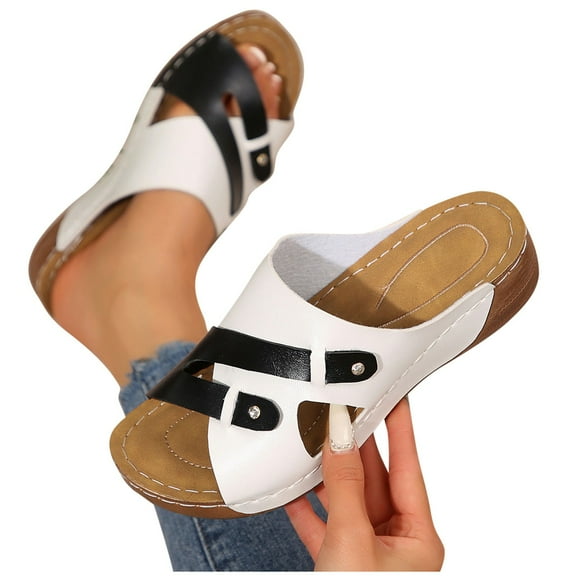 THDHVS Sandals Women,Womens Sandals Dressy,Women's Fashion Casual Summer Color Matching Roman Leisure Bow Step Shoes Wedge Heel Slippers White 6.5