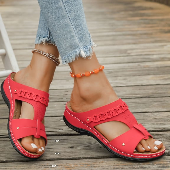 THDHVS Sandals Women,Womens Sandals Dressy,Women's Fashion Casual Summer Solid Color Roman Casual Bow Shoes Wedge Heel Slippers Red 7.5