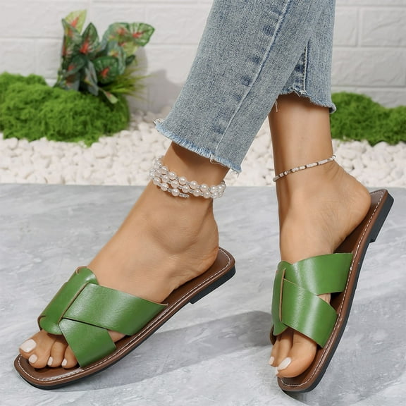 THDHVS Sandals Women,Womens Sandals Dressy,Women's Fashion Casual Summer Style Outdoor Wear Solid Color Retro Flat Open Toe Beach Slippers Green 9
