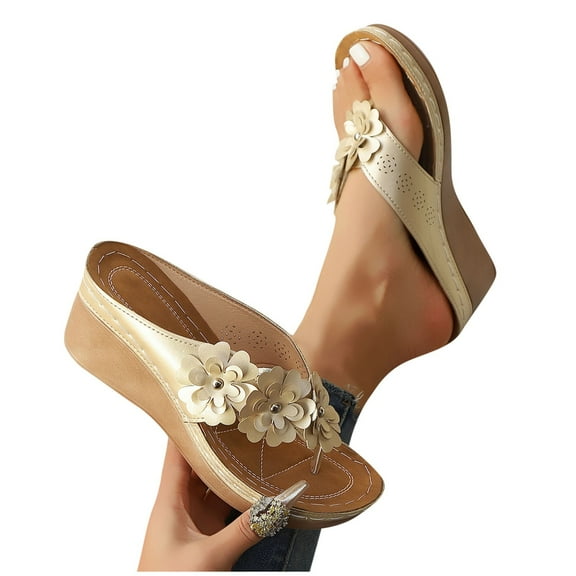 THDHVS Sandals Women,Women's Fashion Casual Summer Style Solid Color One Line Flower Outer Wear Beach Sandals Wedge Heel Thick Bottom Slippers Gold 5.5