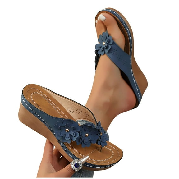 THDHVS Sandals Women,Womens Sandals Dressy,Women's Fashion Casual Summer Style Solid Color One-Line Flower Outer Wear Beach Sandals Wedge Heel Thick Bottom Slippers Blue 5.5