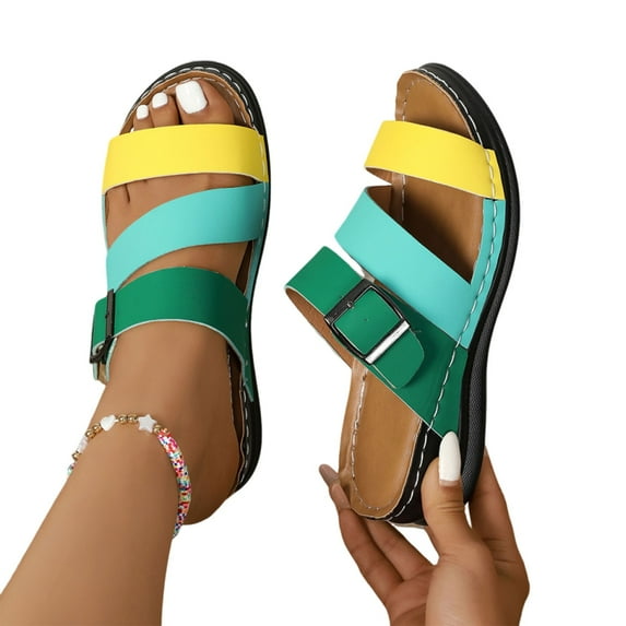 THDHVS Sandals Women,Womens Sandals Dressy,Women's Flat Sandals Fashion Slides with Soft Leather Slippers for Summer Green 6.5