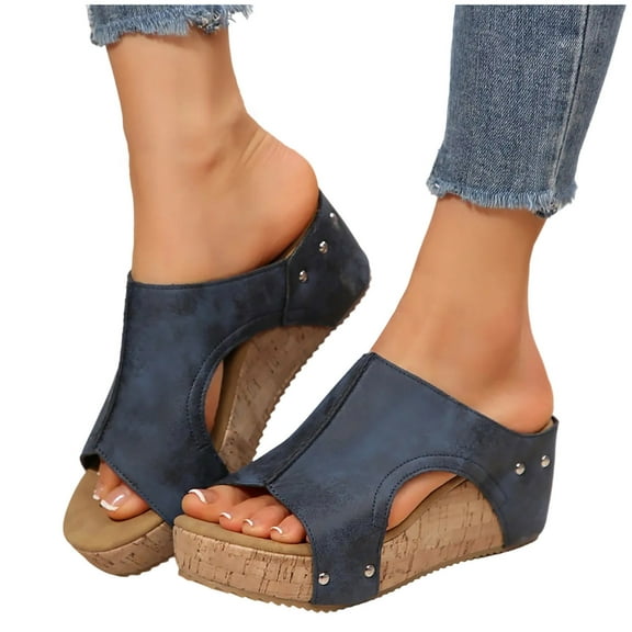 THDHVS Sandals Women,Womens Sandals Dressy,Womens Wedge Sandals Leather Dressy Sandals Rubber Sole Comfortable Walking Casual Slip on Summer Shoes Navy 5.5