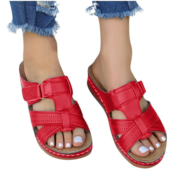 THDHVS Sandals for Women 2025,Women Sandals,Fashion Flat Womens Sandals with Foam Insole Slides Sandals Women Footwear Red 9