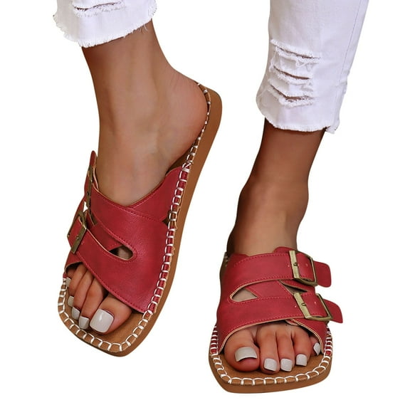 THDHVS Women's Sandals,Flat Sandals for Women,Summer Womens Foam Comfortable Dressy Flat Slide Sandals Wine 5.5