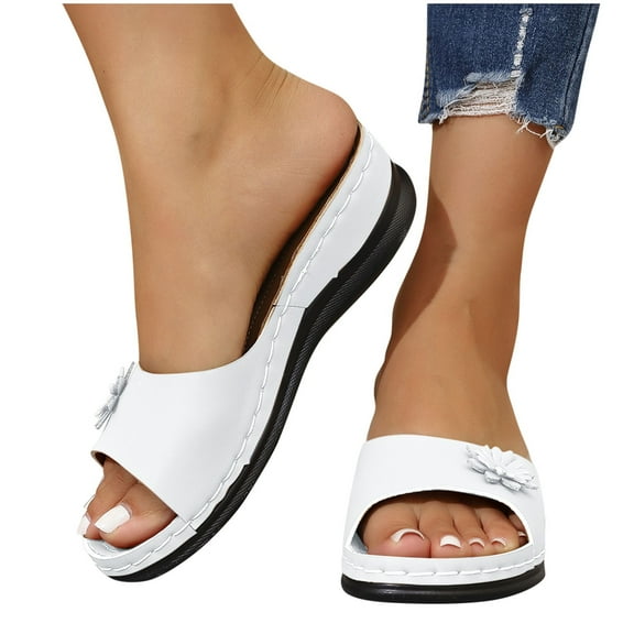 THDHVS Sandals for Women 2025,Women Sandals,Women's Fashion Casual Summer One-Line Hollow Fish Mouth Wedge Heel Casual Outdoor Sandals White 5.5