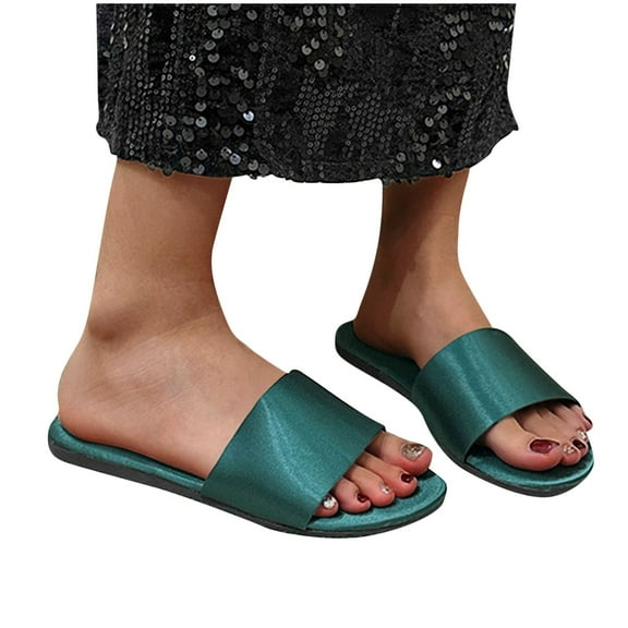 THDHVS Sandals for Women 2025,Women Sandals,Women's Fashion Casual Summer Solid Color Round Toe Open Toe Lightweight Satin Slippers Green 6.5