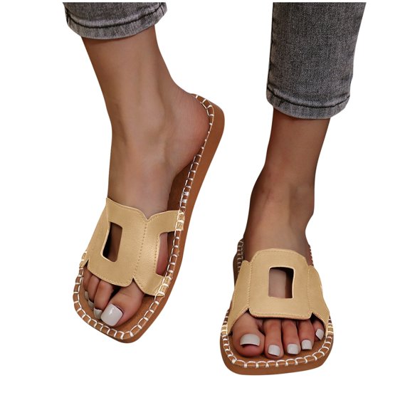 THDHVS Sandals for Women 2025,Women Sandals,Women's Fashionable and Casual Summer Solid Color Flat Casual Slippers Khaki 6