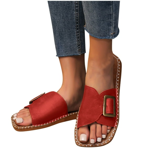 THDHVS Sandals for Women 2025,Women Sandals,Women's Fashionable and Casual Summer Solid Color Flat Casual Slippers Wine 5.5