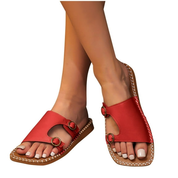 THDHVS Wide Sandals for Women,Sandals Women,Women's Fashionable and Casual Summer Solid Color Flat Casual Slippers Wine 5.5