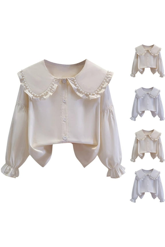 Uniform Shirts for Girls,Girls Shirts,Girls Cute Turn Down Collar Long Sleeve Blouses Casual V Neck Smocked Cuffs Shirts Tops Beige 3-4 Years