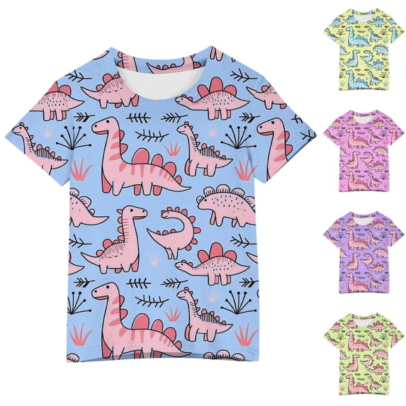 THDHVS Shirts for Girls,Girls Tops,Kids Dino Print Short Sleeve Tee Cute Summer Top Pink 4-5 Years