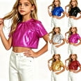 thumbnail image 1 of THDHVS Shirts for Girls,Shiny Metallic Round Neck Short Sleeve Crop Top Cool Performance Costume for Kids Boys Girls,Girls Tops Blue 14-15 Years, 1 of 9