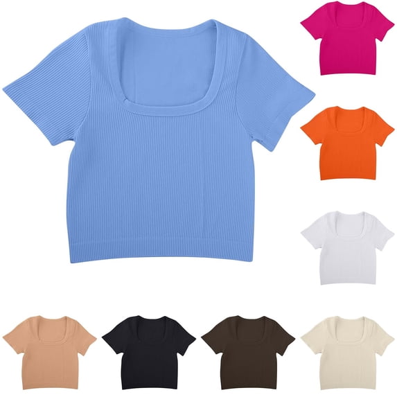 THDHVS Shirts for Women,Cropped Square Neck Top Solid Color with Ribbed Texture and Loose Fits for Trendy Casual Ensembles,Womens Casual Tops