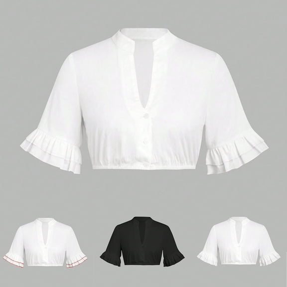 THDHVS Shirts for Women,Fashion V Neck Top with Cinched Waist Button Detail and Dramatic Flared Sleeves,Womens Casual Tops